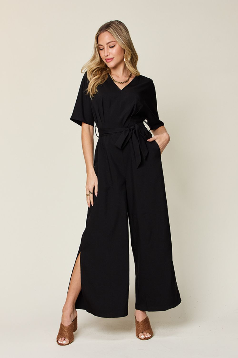 Double Take - Black V - Neck Tie Waist Wide Leg Jumpsuit