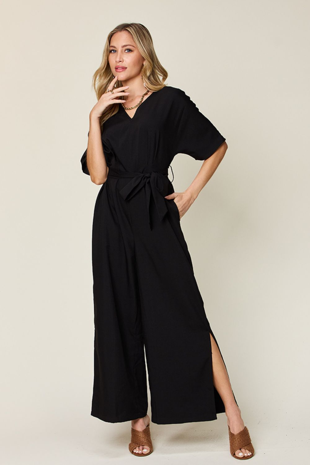 Double Take - Black V - Neck Tie Waist Wide Leg Jumpsuit