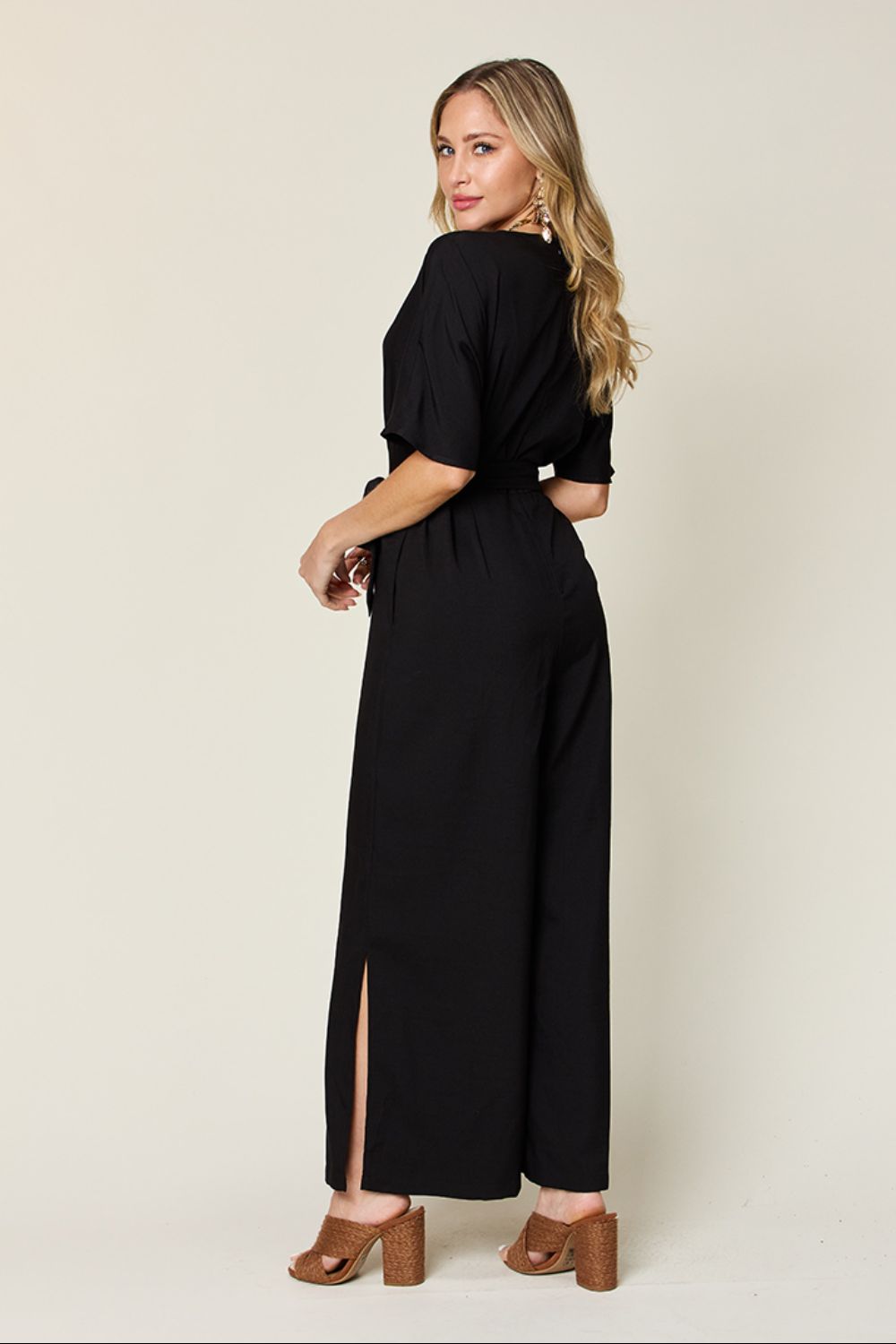 Double Take - Black V - Neck Tie Waist Wide Leg Jumpsuit