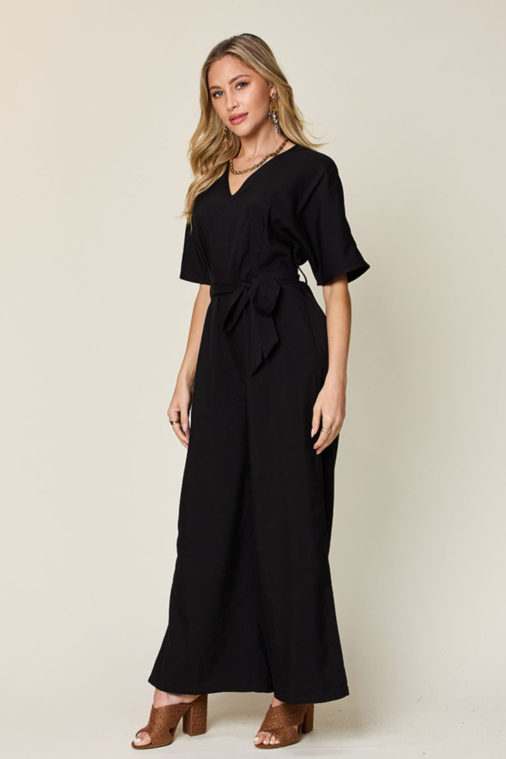 Double Take - Black V - Neck Tie Waist Wide Leg Jumpsuit