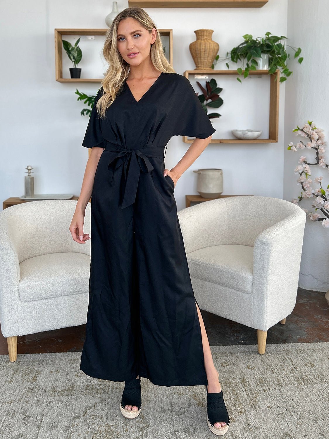 Double Take - Black V - Neck Tie Waist Wide Leg Jumpsuit