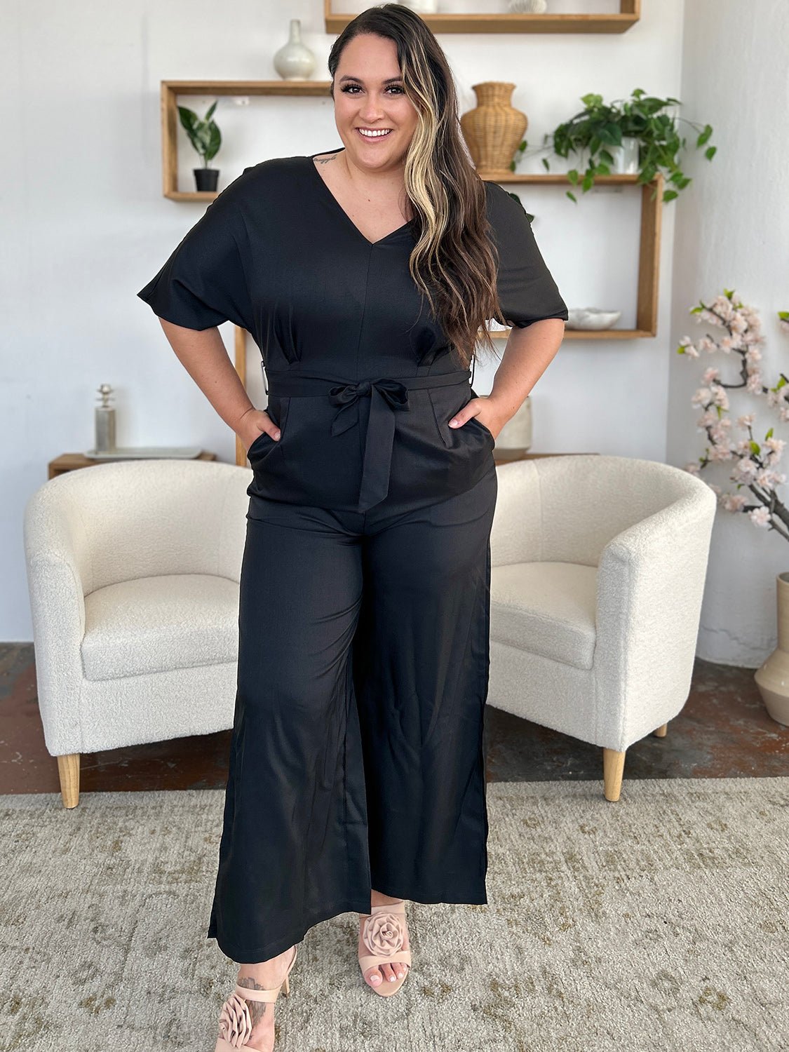 Double Take - Black V - Neck Tie Waist Wide Leg Jumpsuit