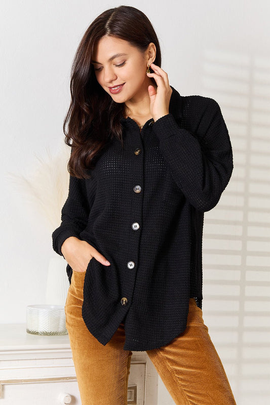 Double Take - Black Waffle Knit Collared Dropped Shoulder Shirt