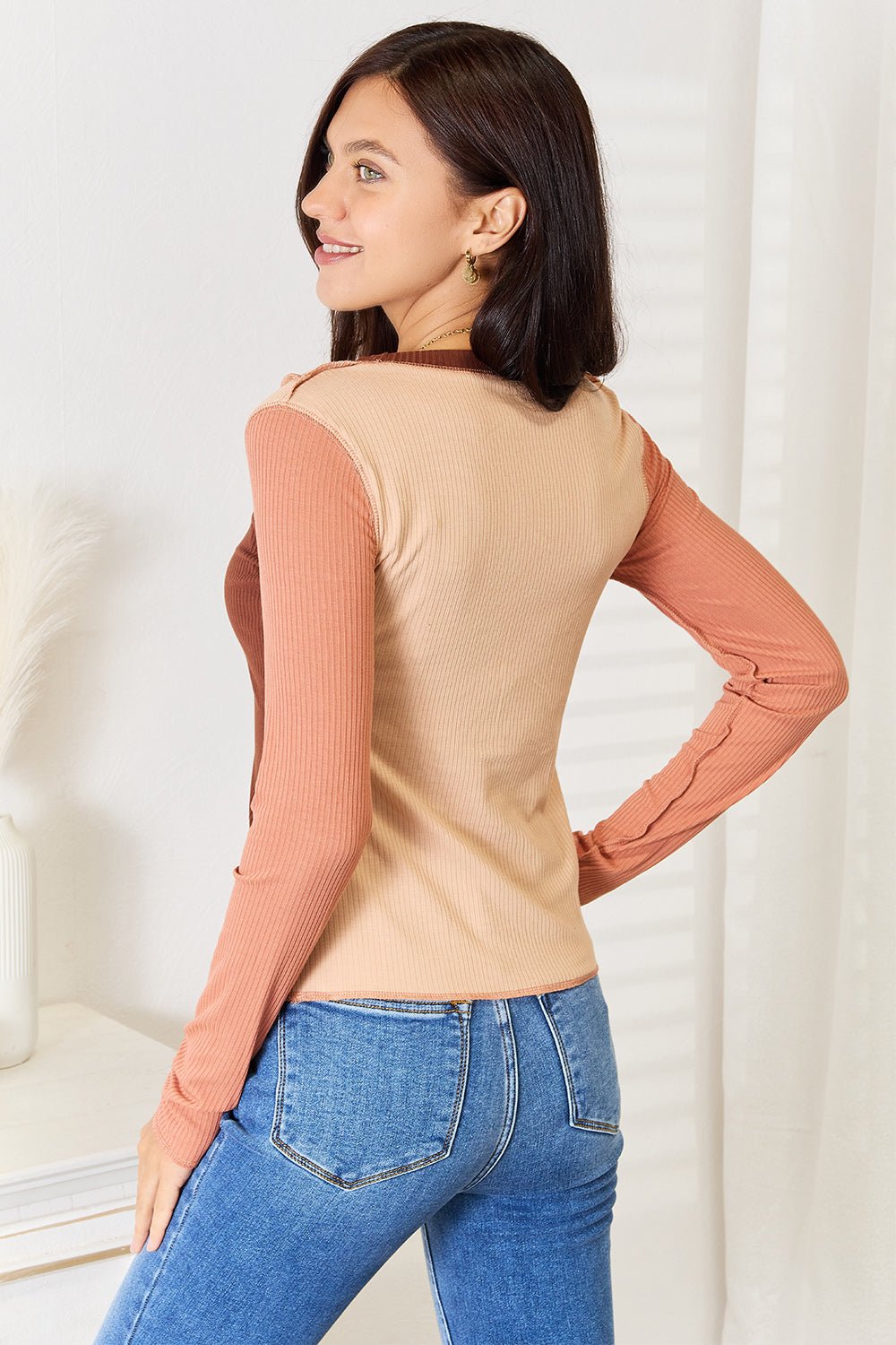 Double Take - Brown Color Block Exposed Seams Long Sleeve Top