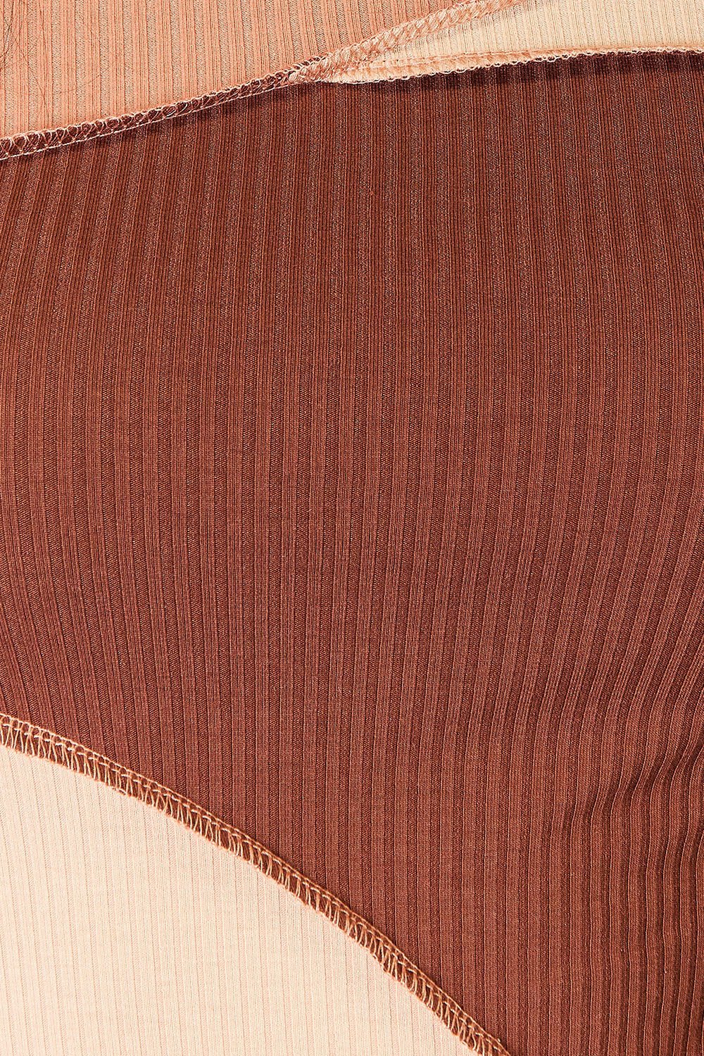 Double Take - Brown Color Block Exposed Seams Long Sleeve Top