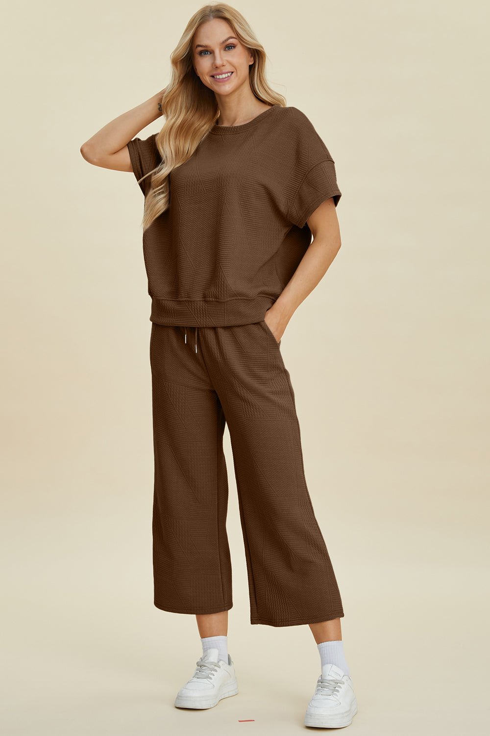 Double Take - Brown Short Sleeve Top and Pants Set