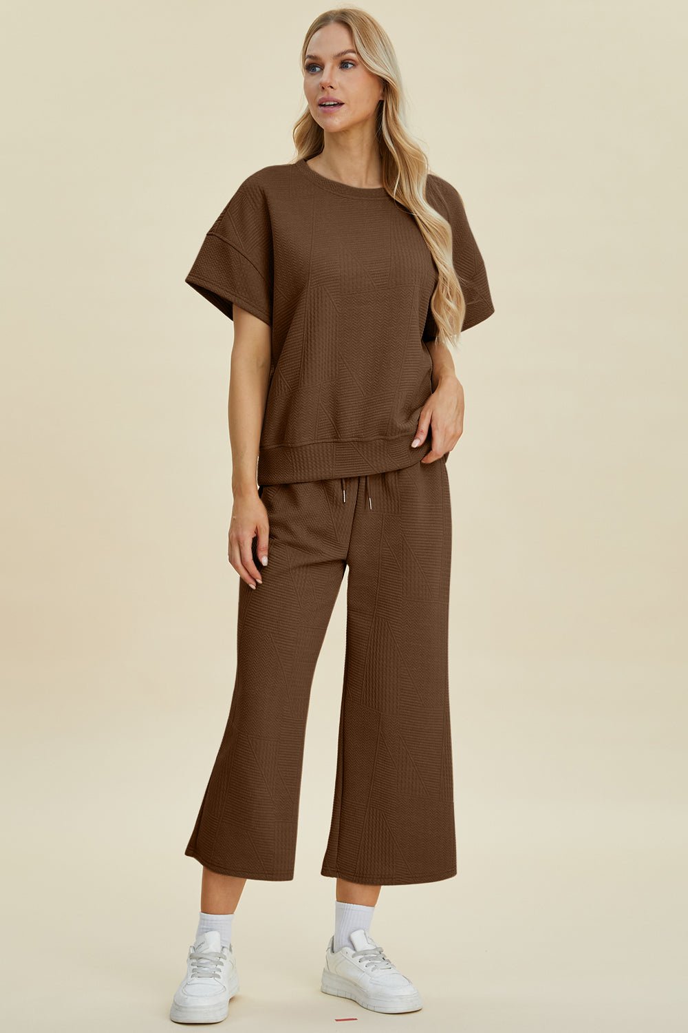 Double Take - Brown Short Sleeve Top and Pants Set