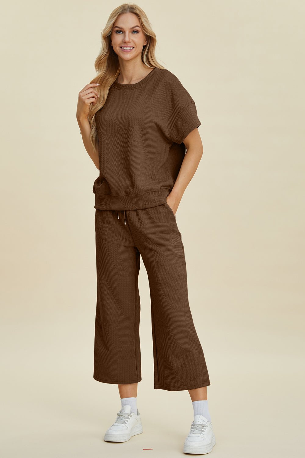 Double Take - Brown Short Sleeve Top and Pants Set