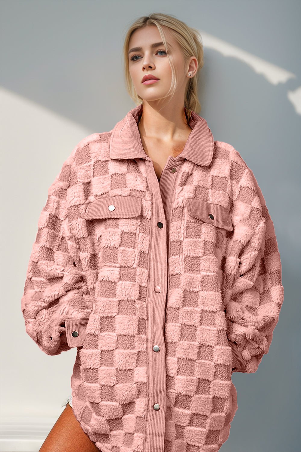 Double Take - Button Up Fuzzy Checkered Shacket