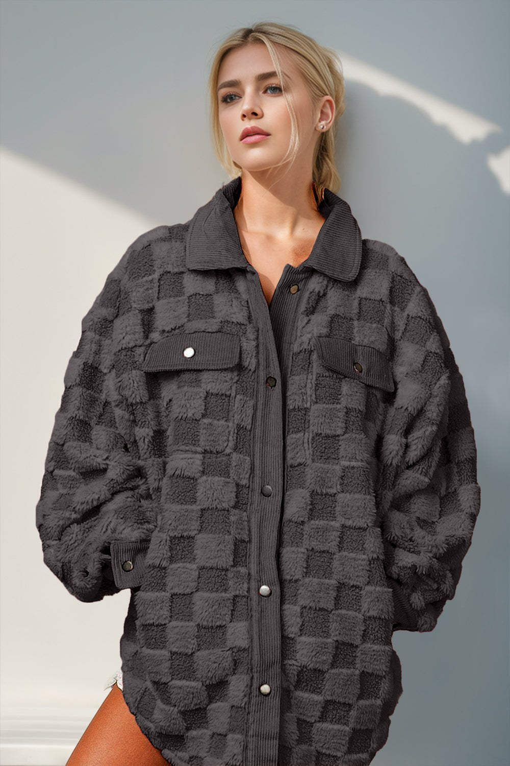 Double Take - Button Up Fuzzy Checkered Shacket