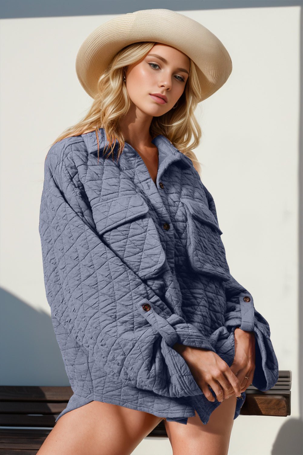 Double Take - Button Up Quilted Shacket in Dusty Blue