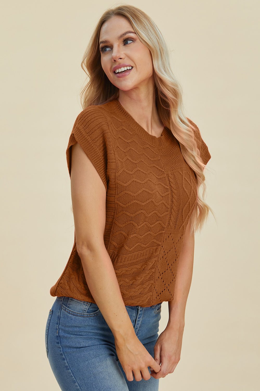 Double Take - Cable - Knit Cap Sleeve Sweater