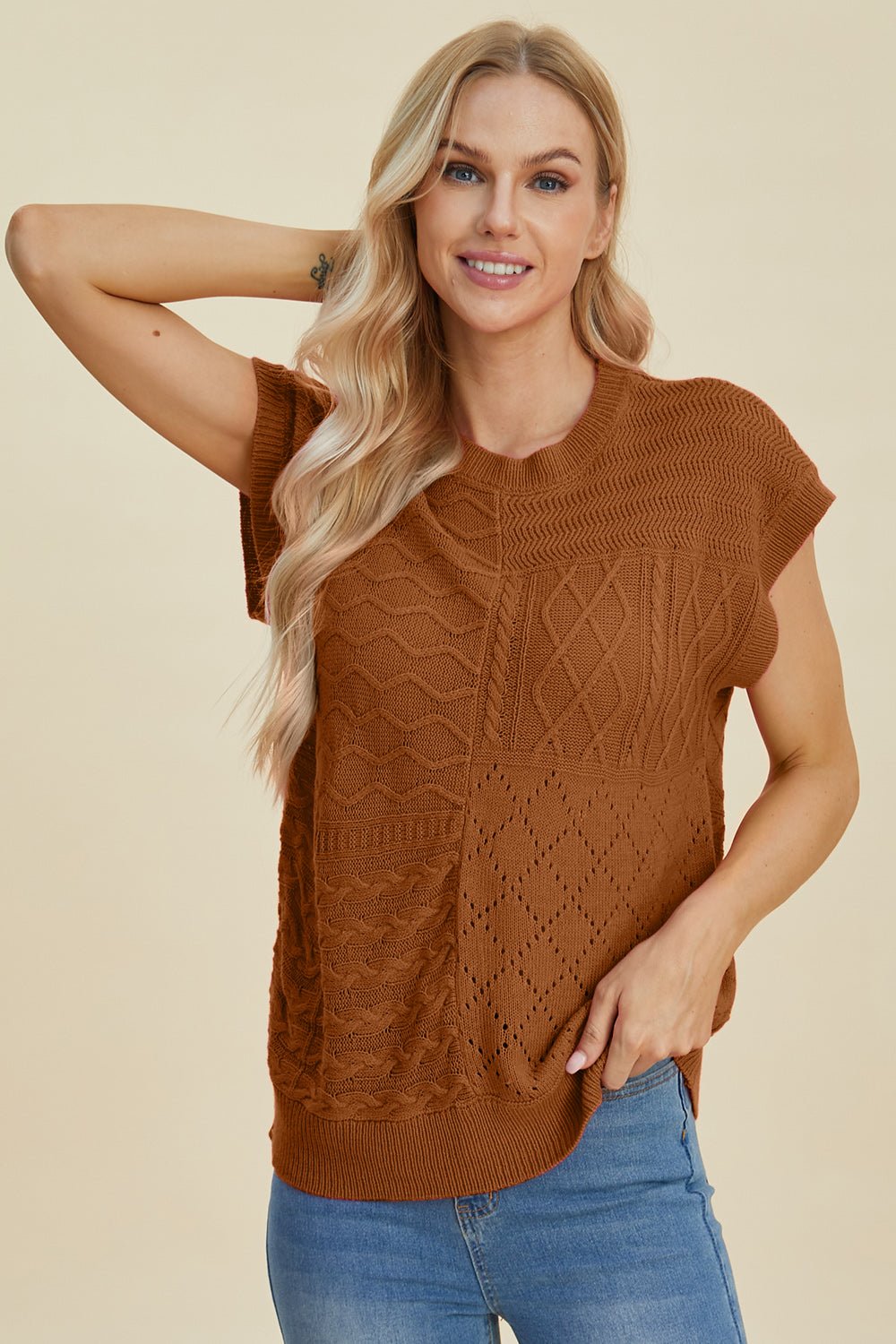 Double Take - Cable - Knit Cap Sleeve Sweater