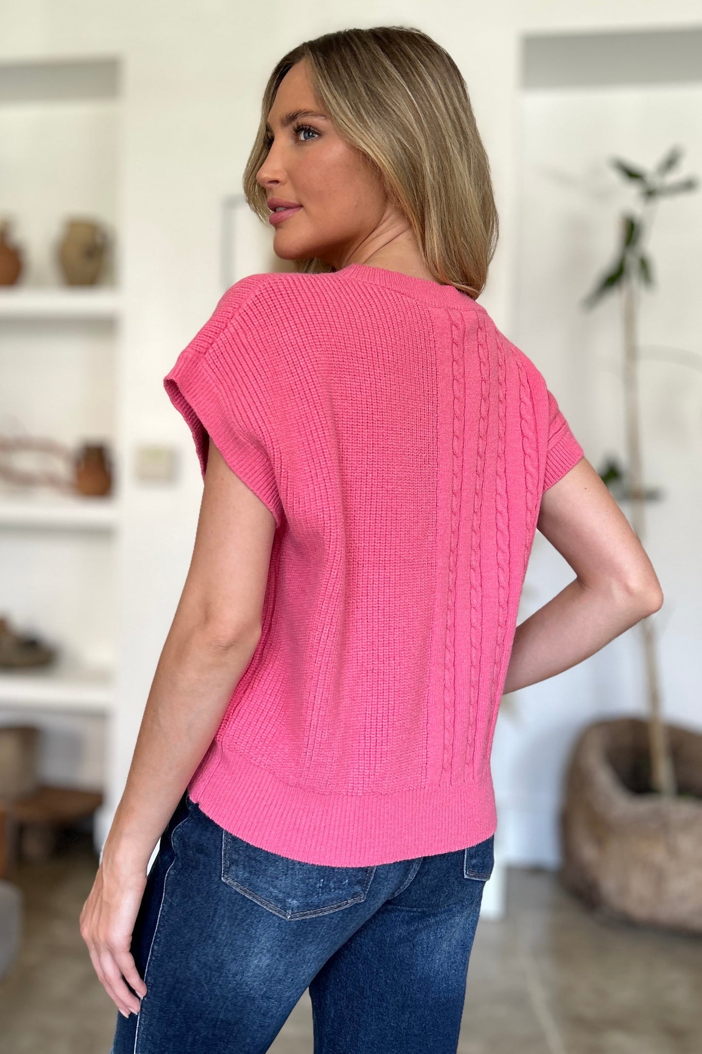 Double Take - Cable - Knit Short Sleeve Sweater