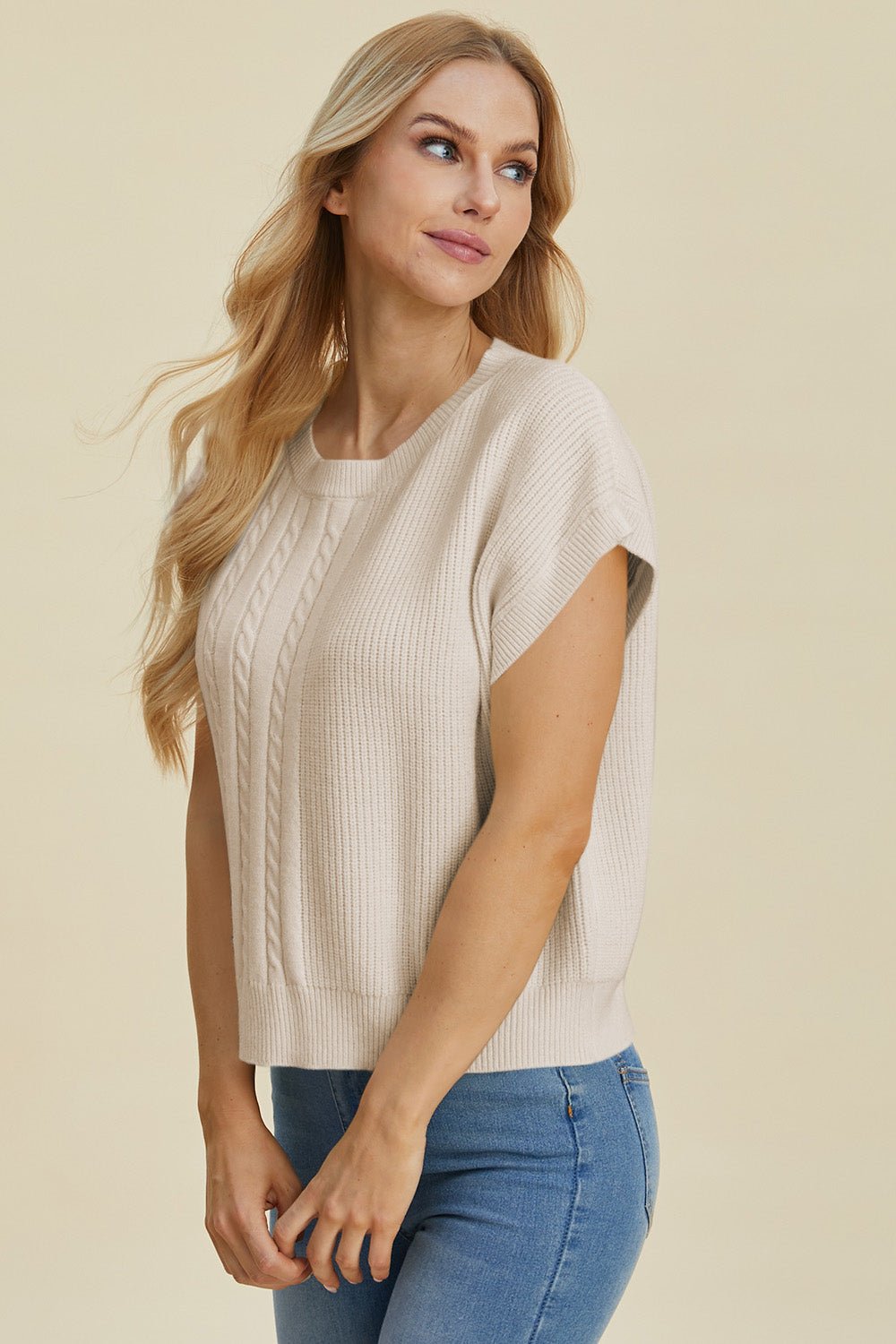 Double Take - Cable - Knit Short Sleeve Sweater