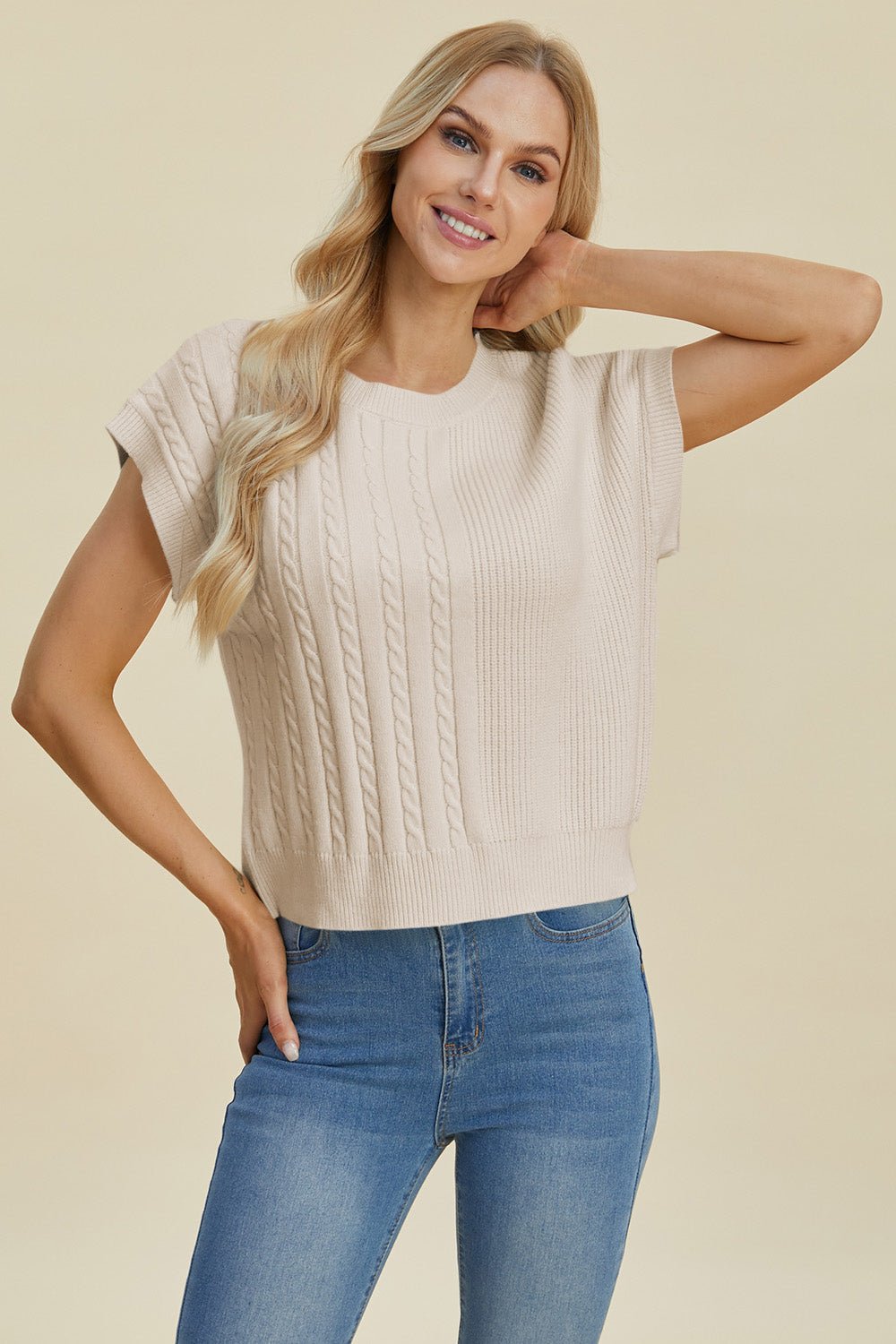 Double Take - Cable - Knit Short Sleeve Sweater