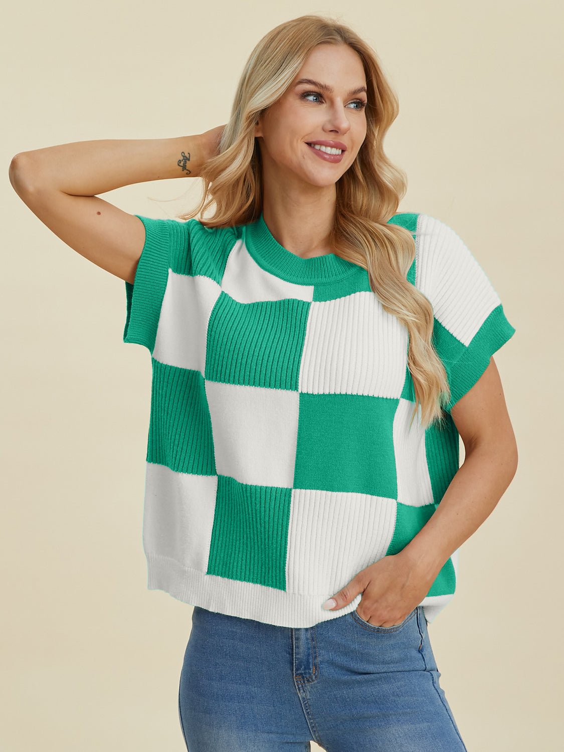 Double Take - Checkered Crew Neck Short Sleeve Sweater