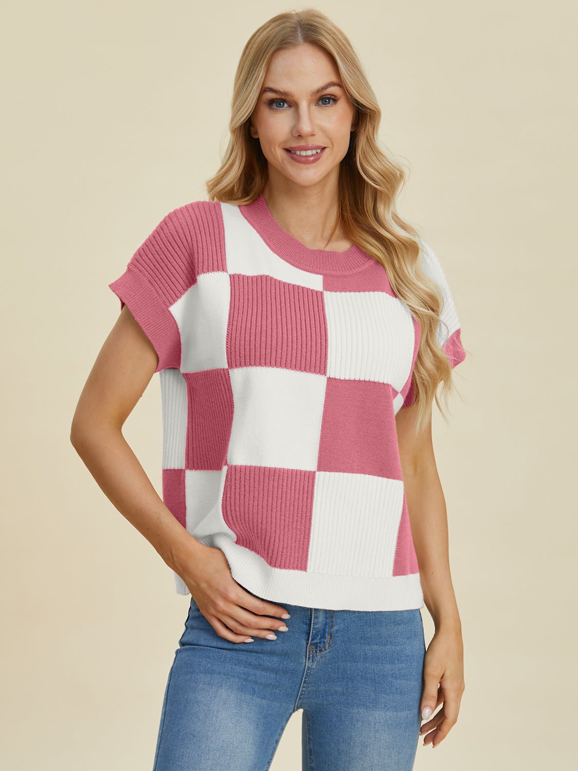 Double Take - Checkered Crew Neck Short Sleeve Sweater