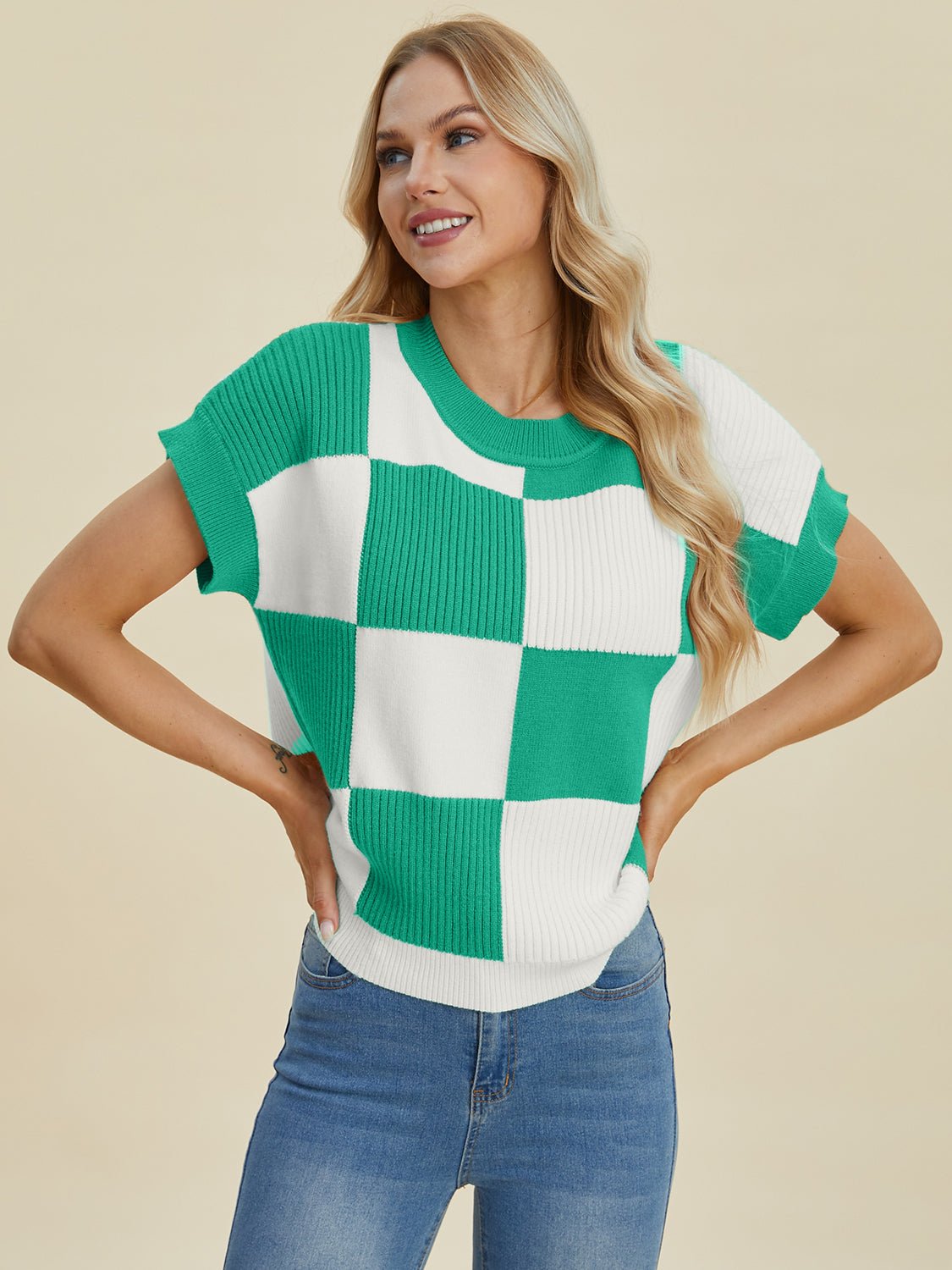 Double Take - Checkered Crew Neck Short Sleeve Sweater