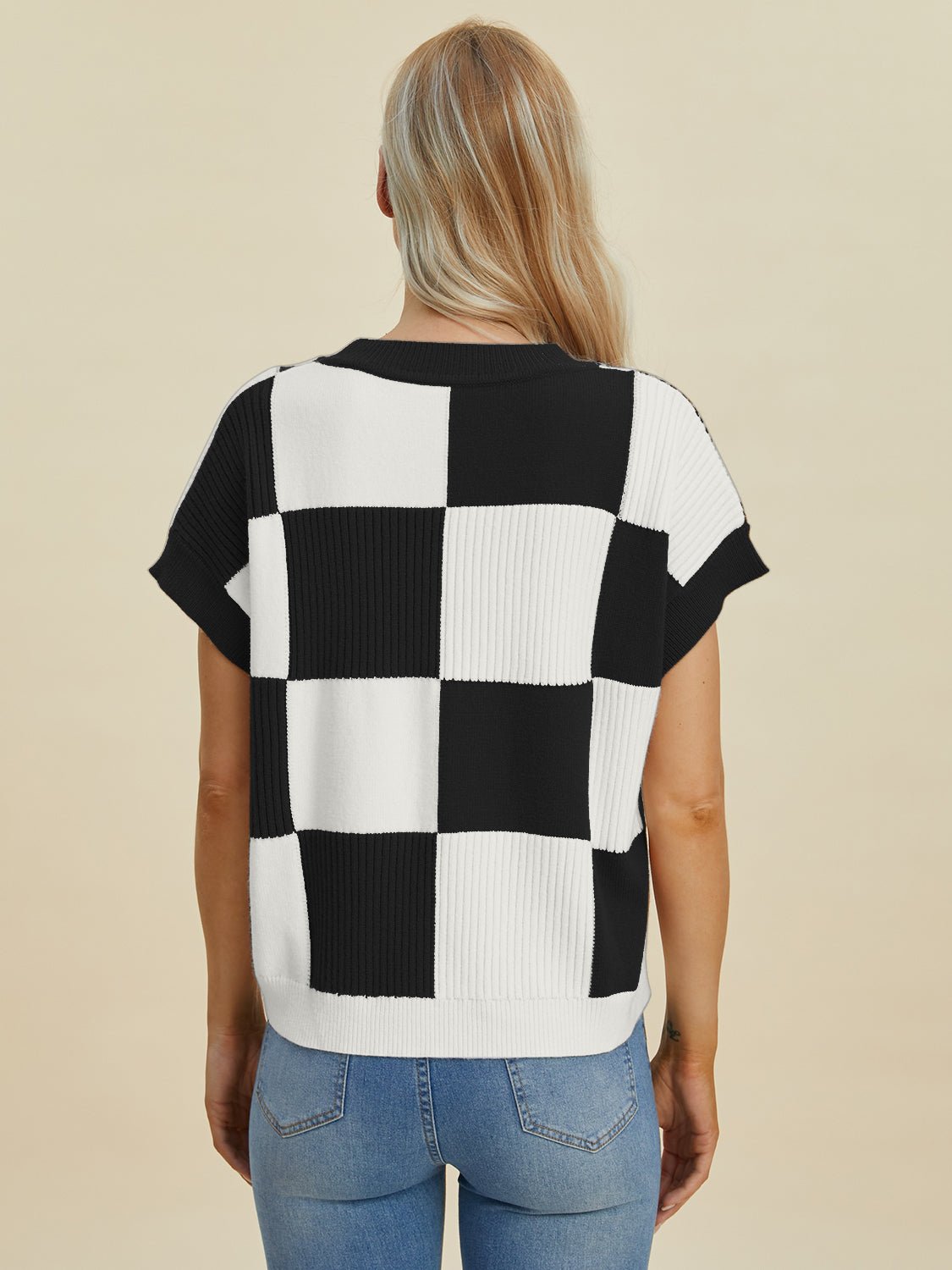 Double Take - Checkered Crew Neck Short Sleeve Sweater