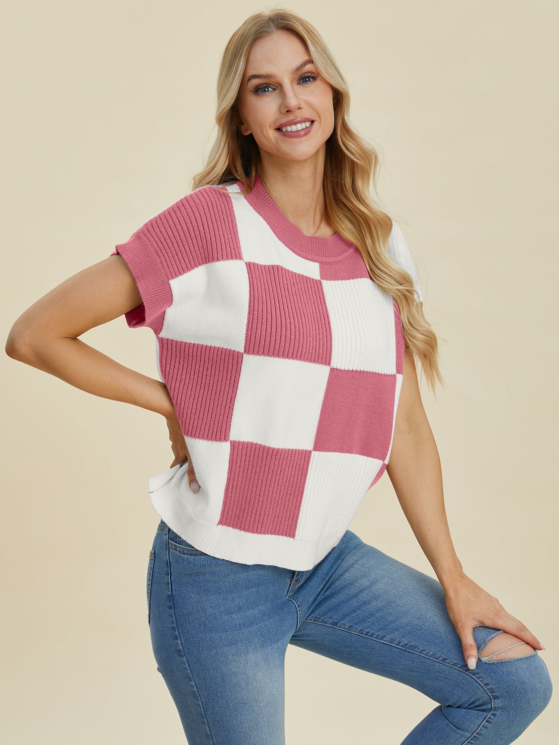 Double Take - Checkered Crew Neck Short Sleeve Sweater