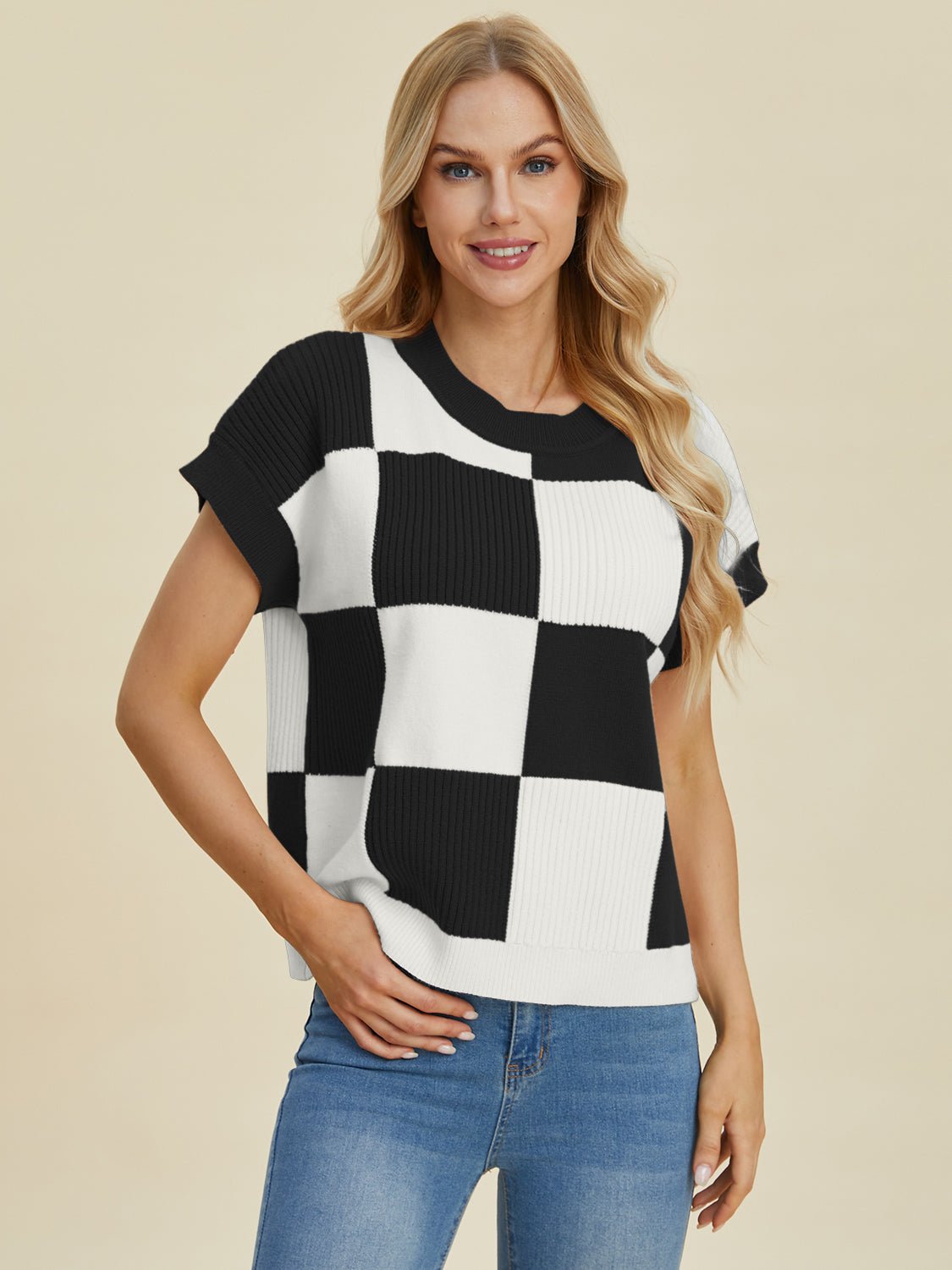 Double Take - Checkered Crew Neck Short Sleeve Sweater