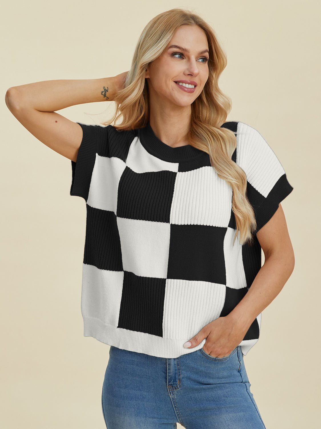 Double Take - Checkered Crew Neck Short Sleeve Sweater