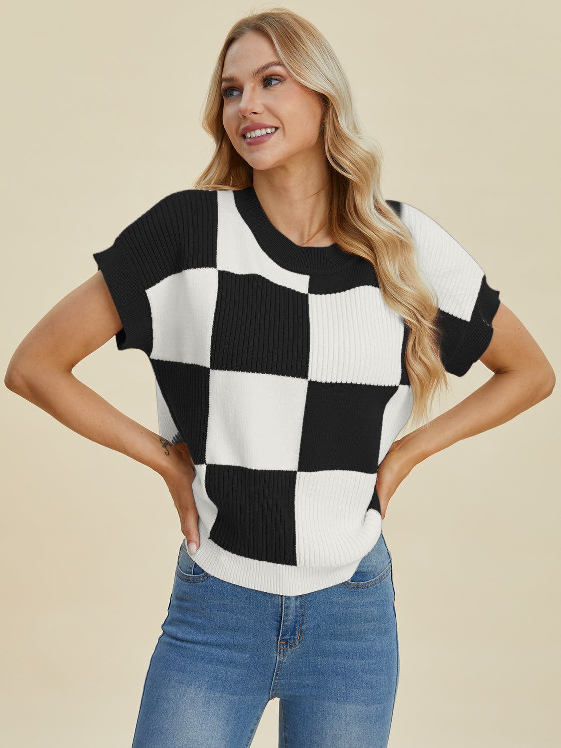 Double Take - Checkered Crew Neck Short Sleeve Sweater