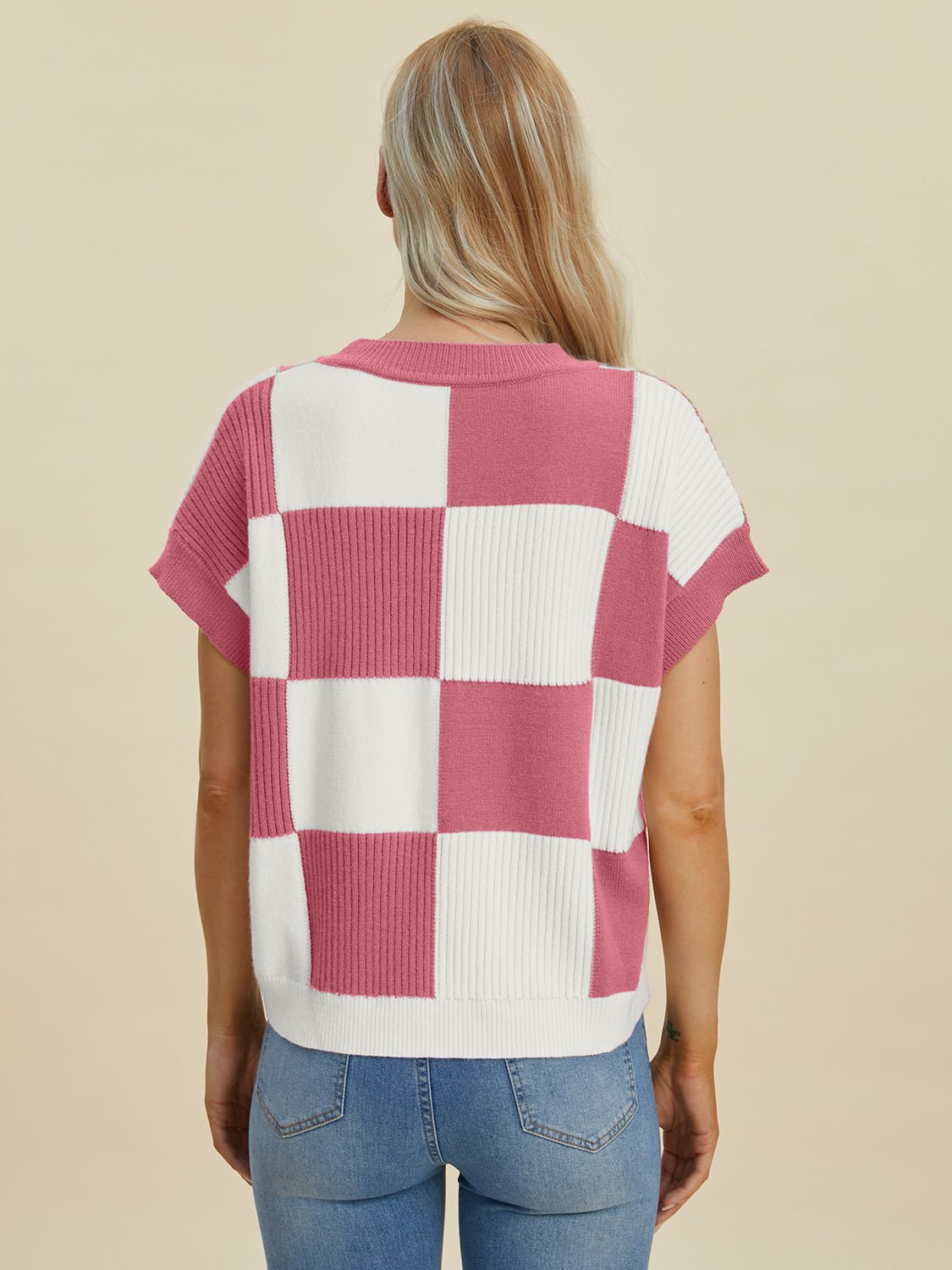 Double Take - Checkered Crew Neck Short Sleeve Sweater