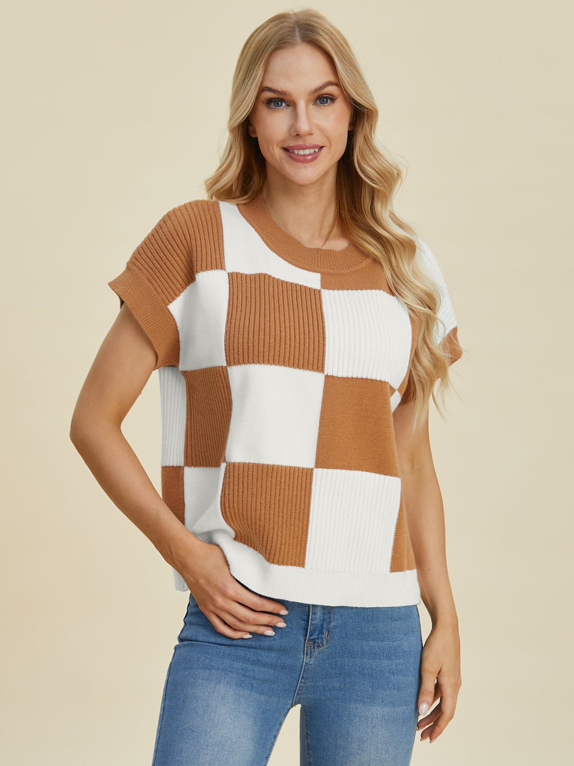 Double Take - Checkered Crew Neck Short Sleeve Sweater