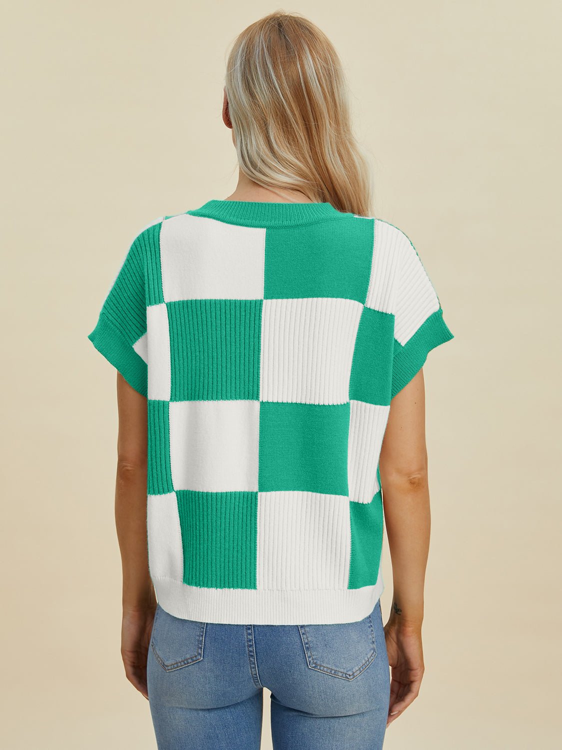 Double Take - Checkered Crew Neck Short Sleeve Sweater