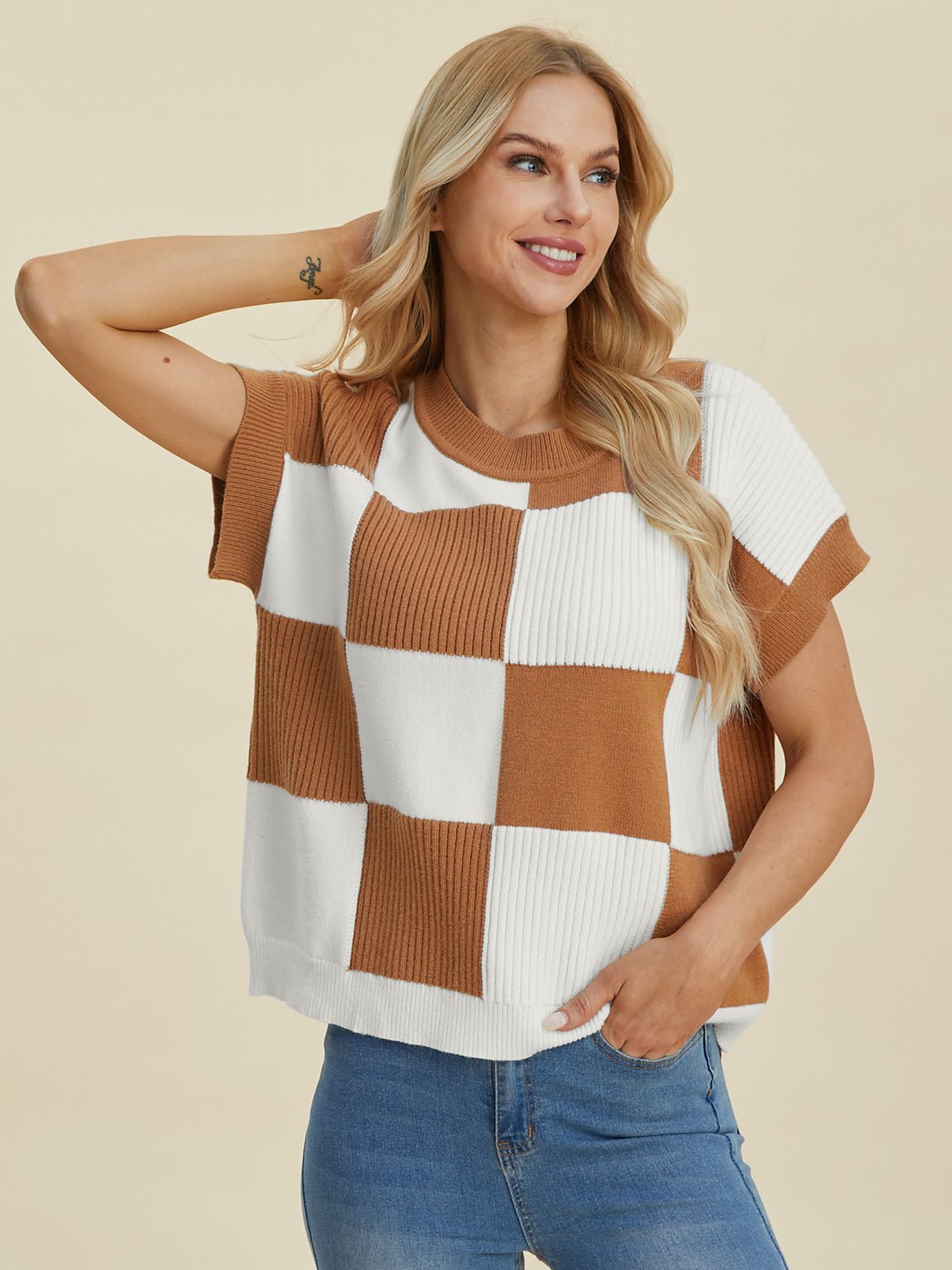 Double Take - Checkered Crew Neck Short Sleeve Sweater