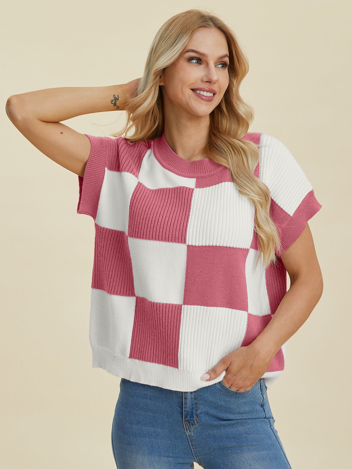 Double Take - Checkered Crew Neck Short Sleeve Sweater