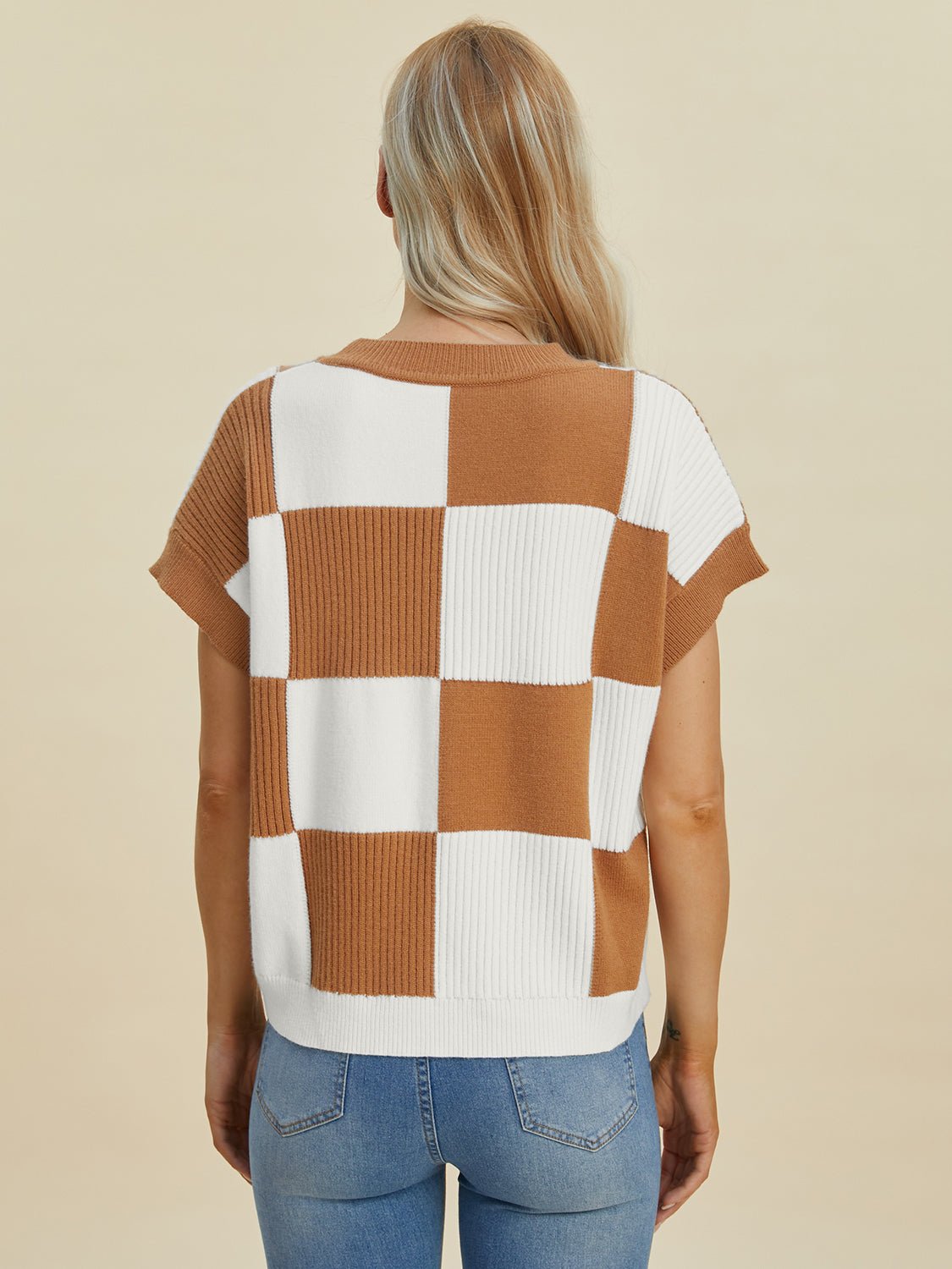 Double Take - Checkered Crew Neck Short Sleeve Sweater