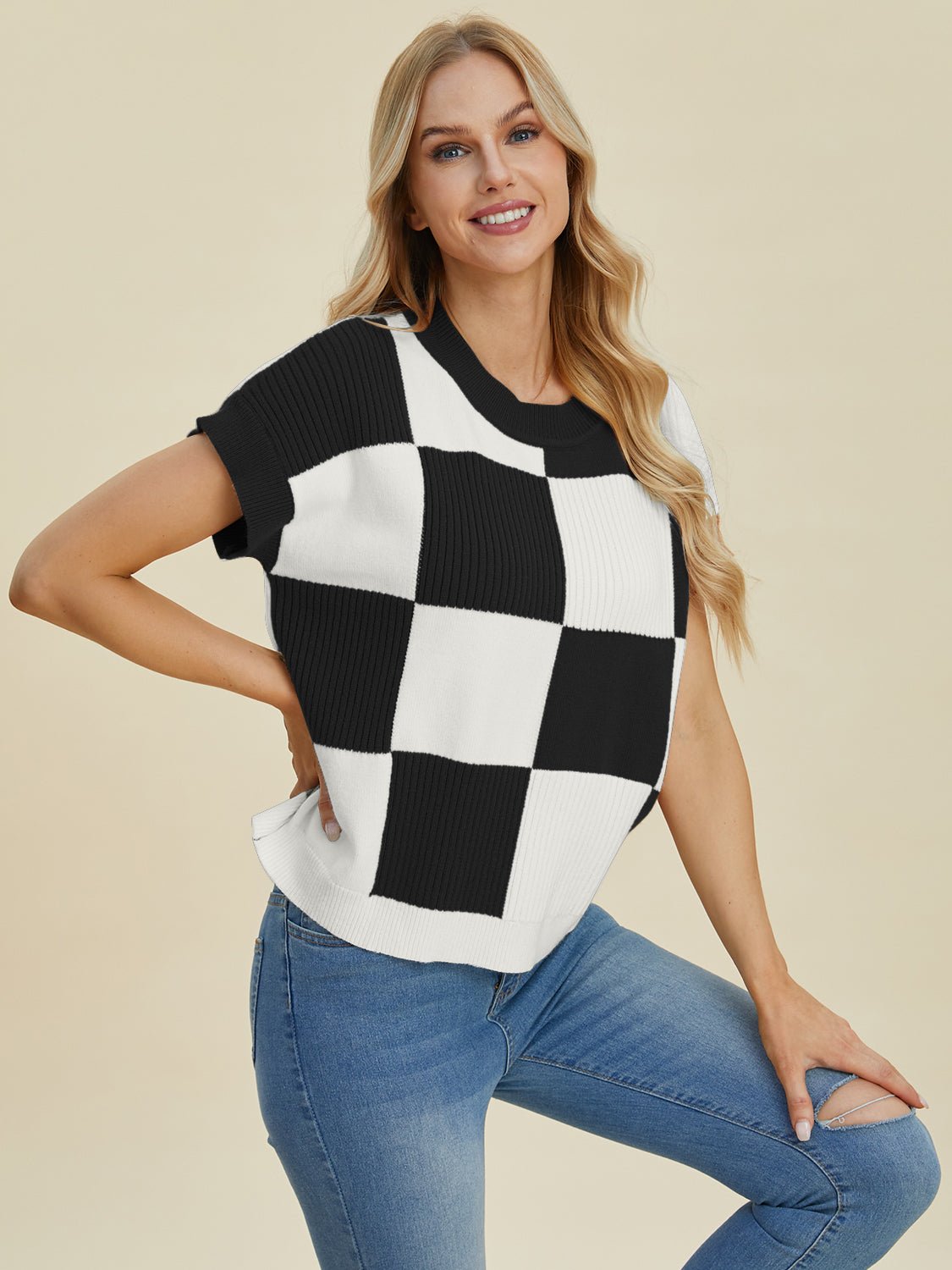 Double Take - Checkered Crew Neck Short Sleeve Sweater