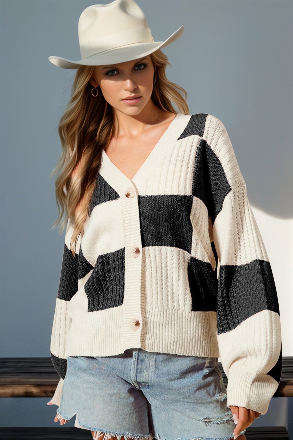 Double Take - Checkered Dropped Shoulder Cardigan