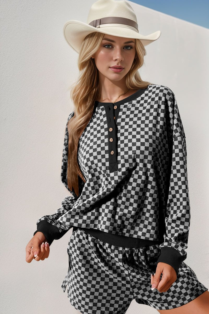 Double Take - Checkered Half Button Top and Shorts Set