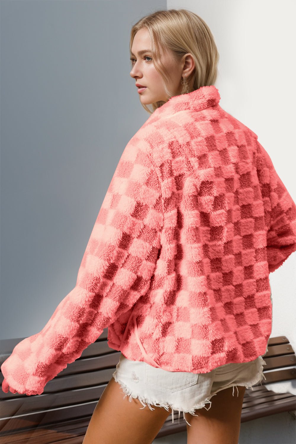 Double Take - Checkered Long Sleeve Fuzzy Jacket