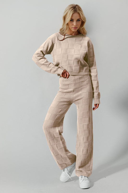 Double Take - Checkered Long Sleeve Top and Pants Set