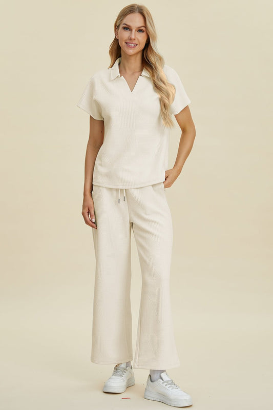 Double Take - Collared Short Sleeve Top and Pants Set