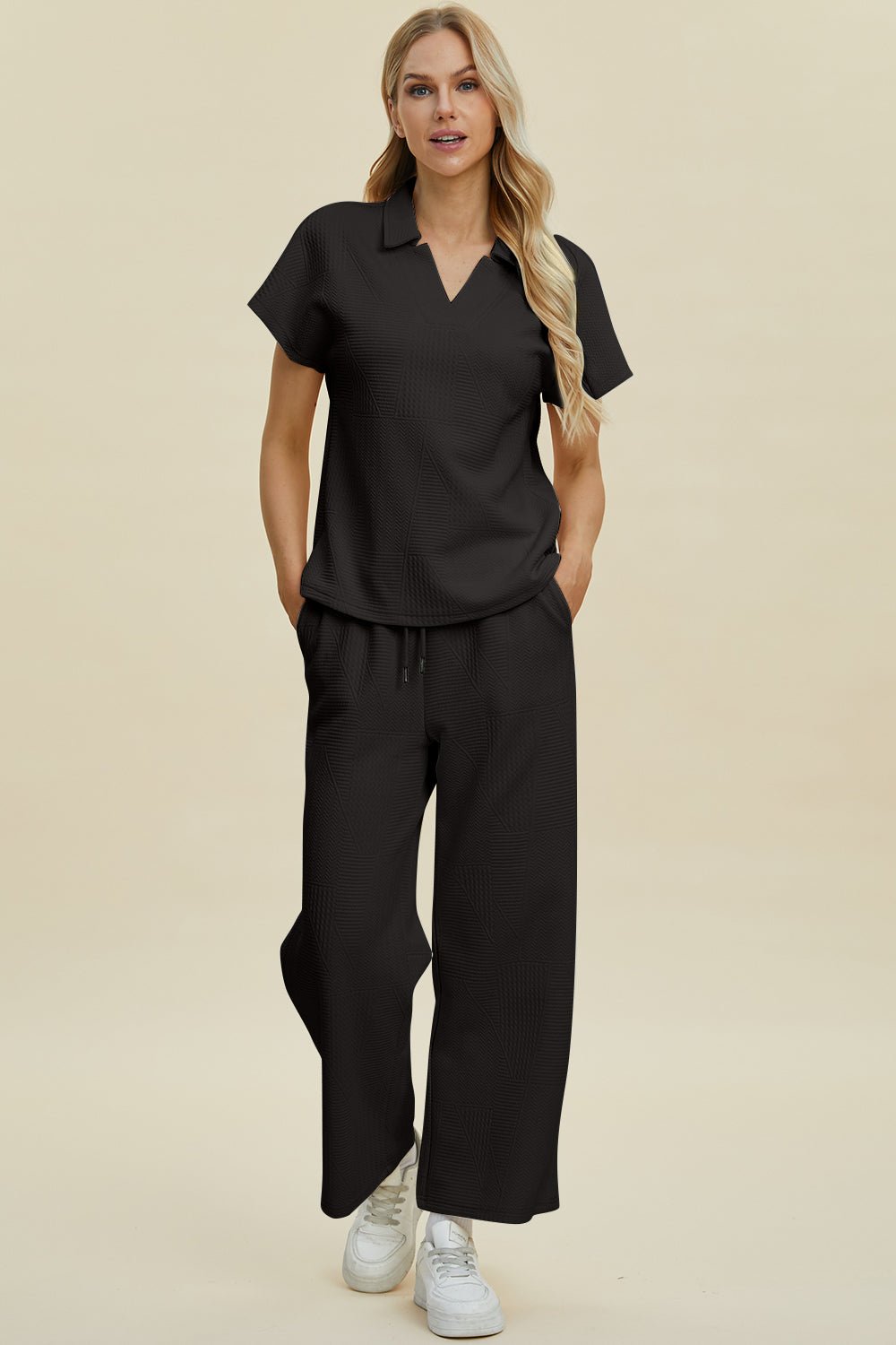 Double Take - Collared Short Sleeve Top and Pants Set