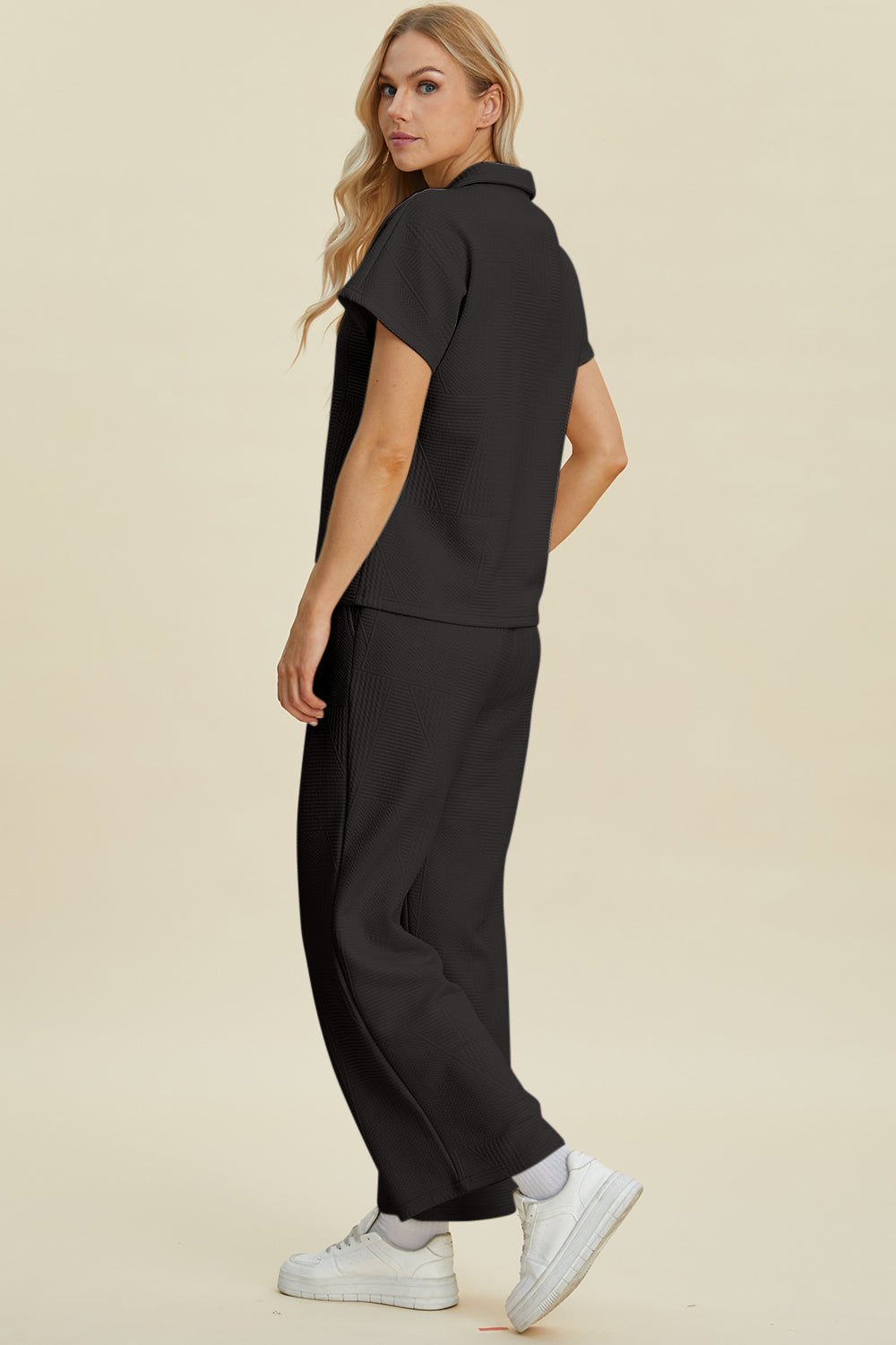 Double Take - Collared Short Sleeve Top and Pants Set