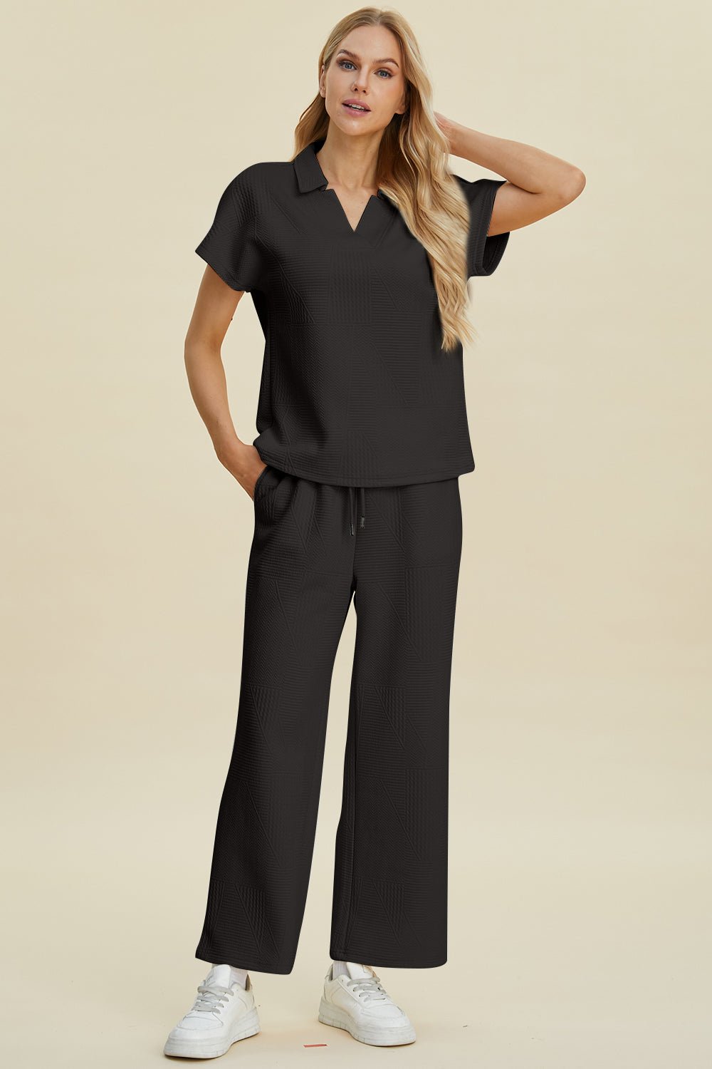 Double Take - Collared Short Sleeve Top and Pants Set