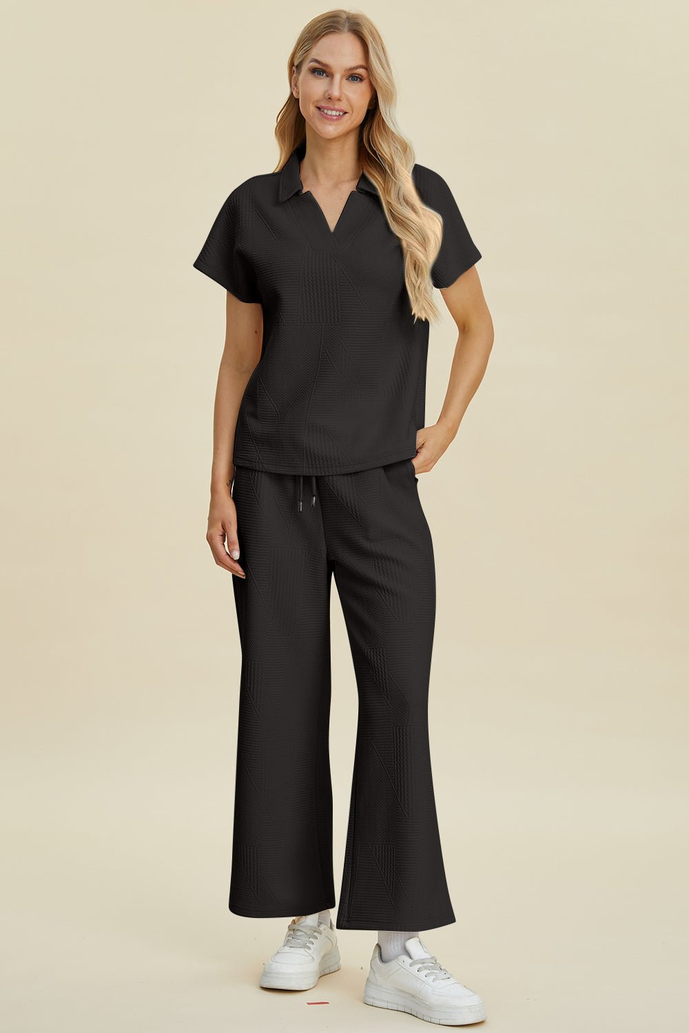 Double Take - Collared Short Sleeve Top and Pants Set