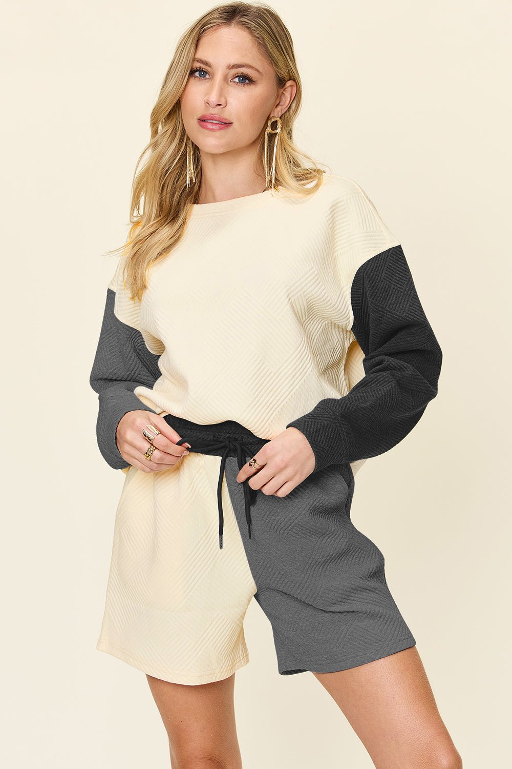 Double Take - Color Block Drop Long Sleeve Top and Shorts Set