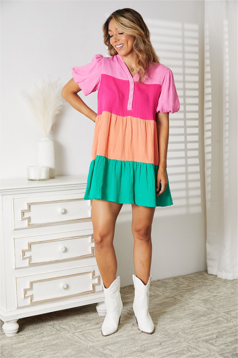 Double Take - Color Block Short Sleeve Babydoll Mini Dress