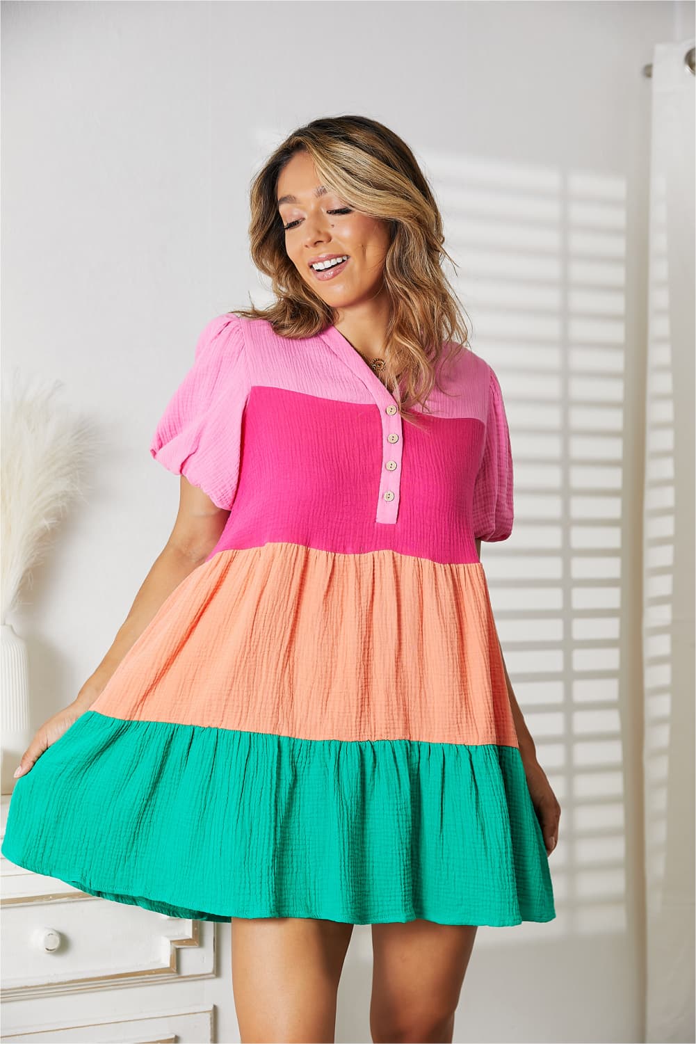 Double Take - Color Block Short Sleeve Babydoll Mini Dress