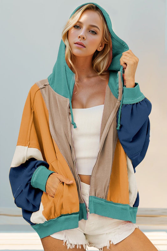 Double Take - Color Block Zip Up Hoodie