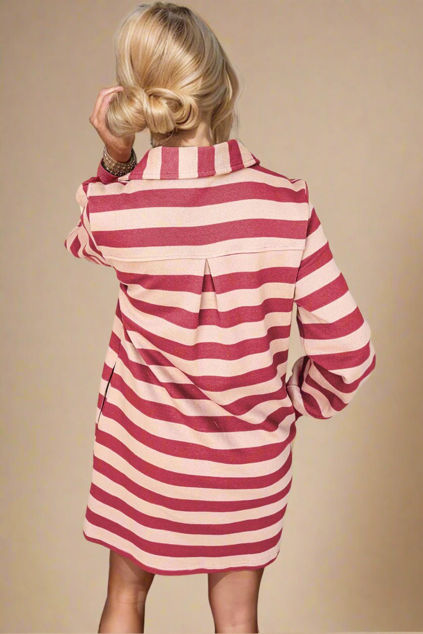 Double Take - Contrast Stripe Long Sleeve Mini Dress in Deep Rose