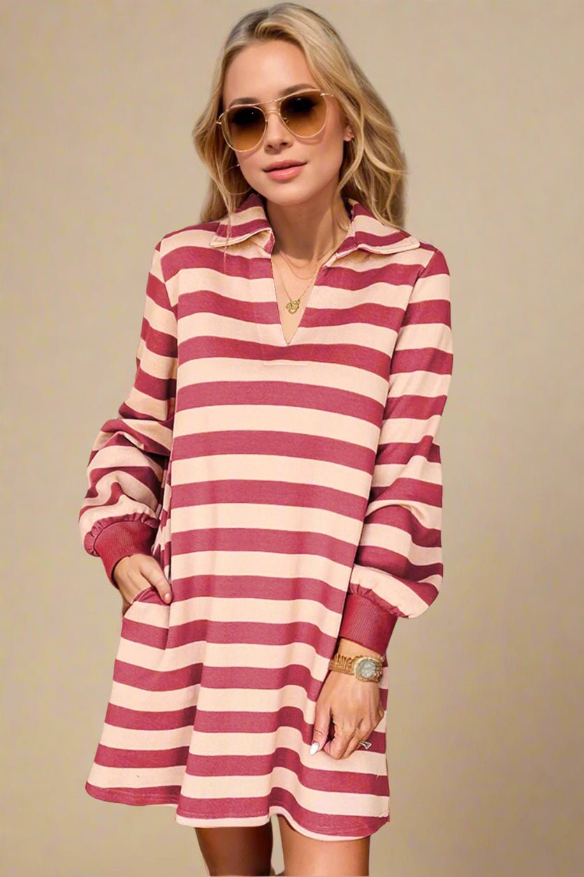 Double Take - Contrast Stripe Long Sleeve Mini Dress in Deep Rose